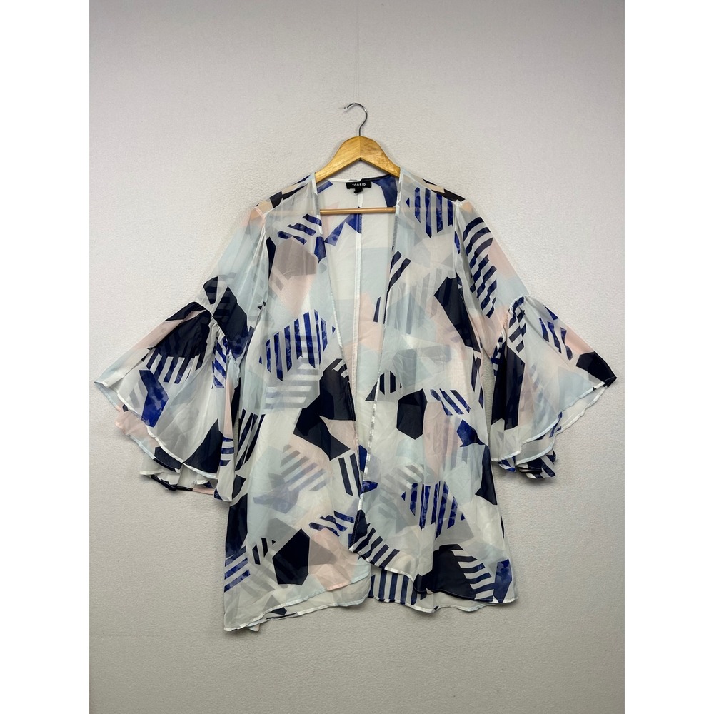 Boho Geometric Torrid Womens Plus 00/0 Blue Abstract Bell Sleeve Chiffon Kimono